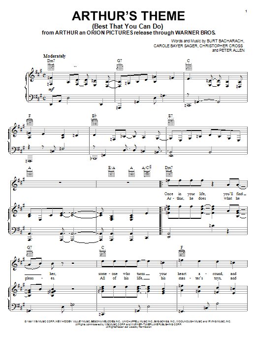 Christopher Cross Arthur's Theme (Best That You Can Do) (from Arthur) sheet music notes and chords. Download Printable PDF.