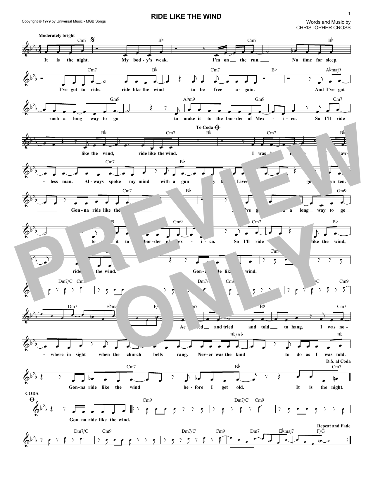 Learn to play Christopher Cross Ride Like The Wind sheet music for Piano, Vocal & Guitar Chords in minutes. Price: 7.8900$ Christopher Cross Ride Like The Wind sheet music notes and chords arranged for Piano, Vocal & Guitar Chords