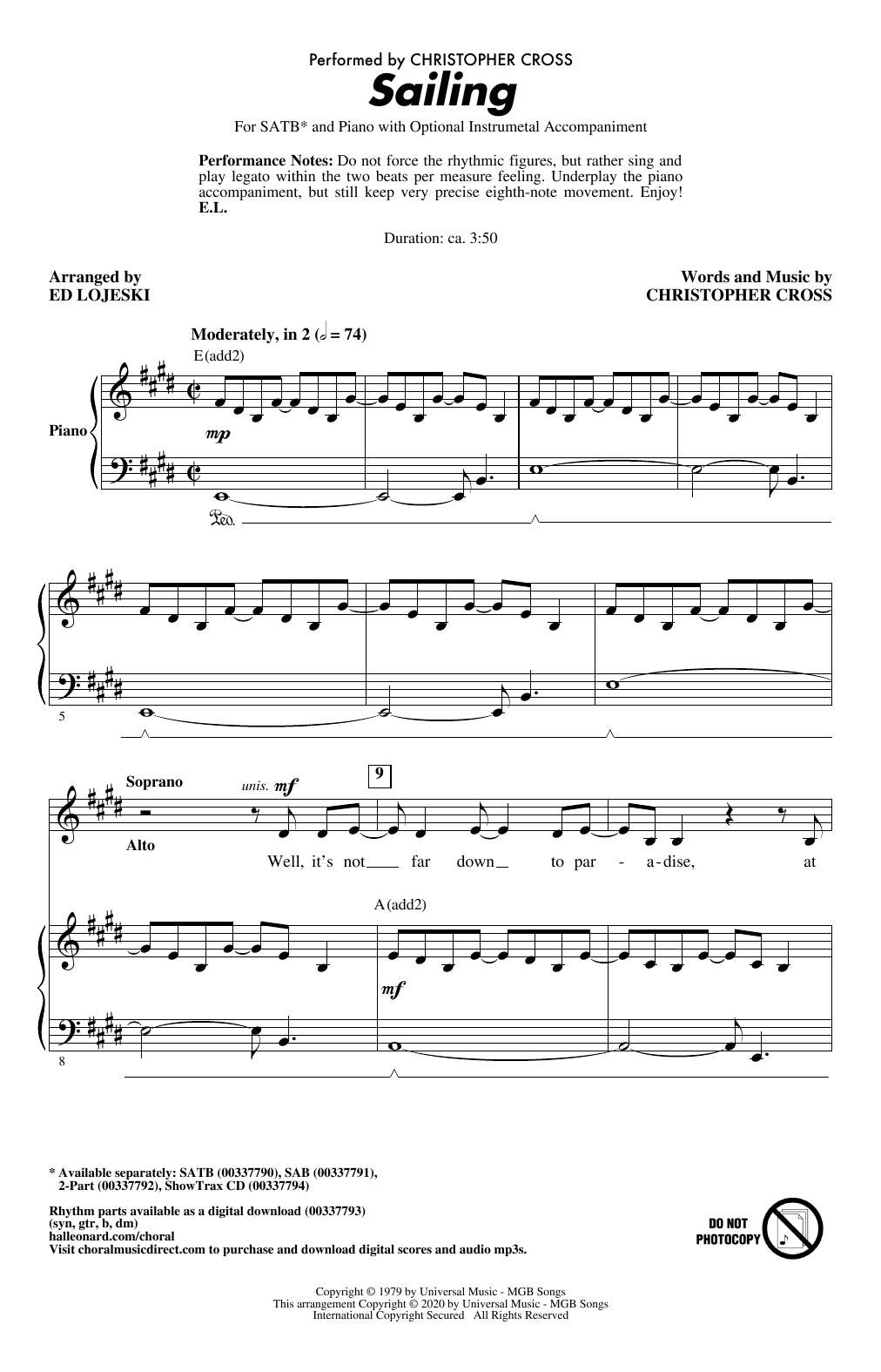 Learn to play Christopher Cross Sailing (arr. Ed Lojeski) sheet music for SATB Choir in minutes. Price: 3.9900$ Christopher Cross Sailing (arr. Ed Lojeski) sheet music notes and chords arranged for SATB Choir