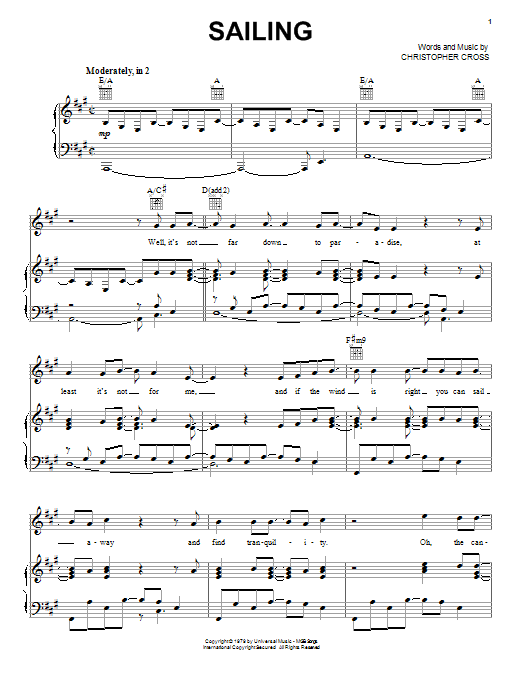 Christopher Cross Sailing sheet music notes and chords. Download Printable PDF.