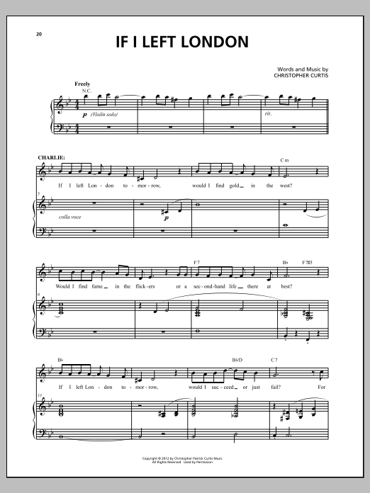 Learn to play Christopher Curtis If I Left London sheet music for Piano & Vocal in minutes. Price: 7.8900$ Christopher Curtis If I Left London sheet music notes and chords arranged for Piano & Vocal