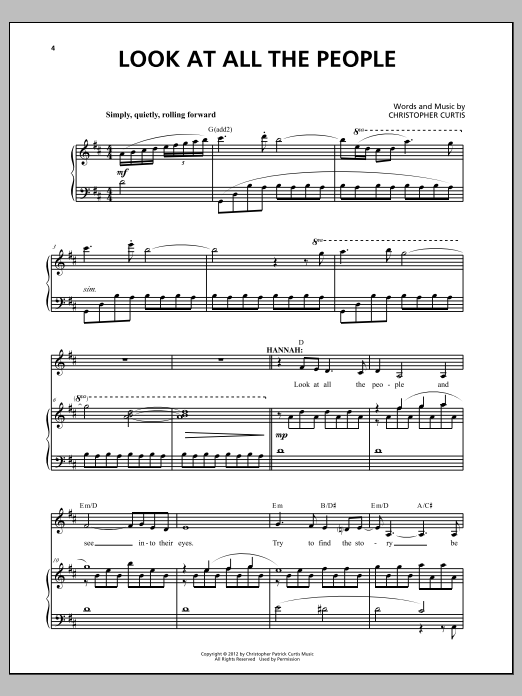 Learn to play Christopher Curtis Look At All The People sheet music for Piano & Vocal in minutes. Price: 7.8900$ Christopher Curtis Look At All The People sheet music notes and chords arranged for Piano & Vocal