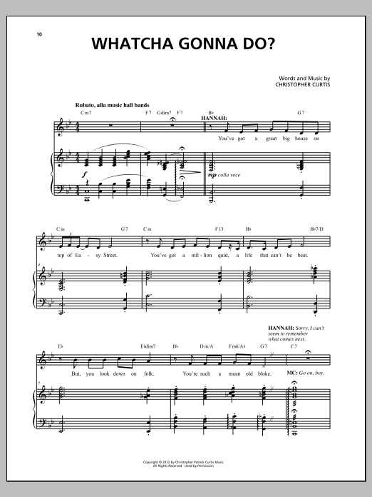 Learn to play Christopher Curtis Whatcha Gonna Do? sheet music for Piano & Vocal in minutes. Price: 7.8900$ Christopher Curtis Whatcha Gonna Do? sheet music notes and chords arranged for Piano & Vocal