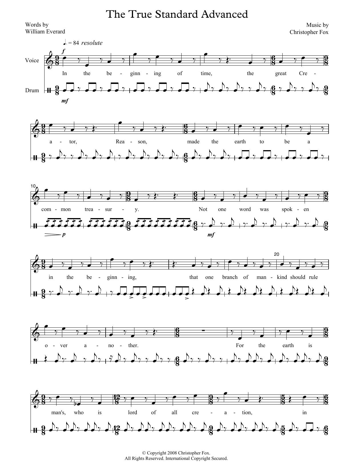 Learn to play Christopher Fox The True Standard Advanced (for voice & drum) sheet music for Piano & Vocal in minutes. Price: 7.8900$ Christopher Fox The True Standard Advanced (for voice & drum) sheet music notes and chords arranged for Piano & Vocal