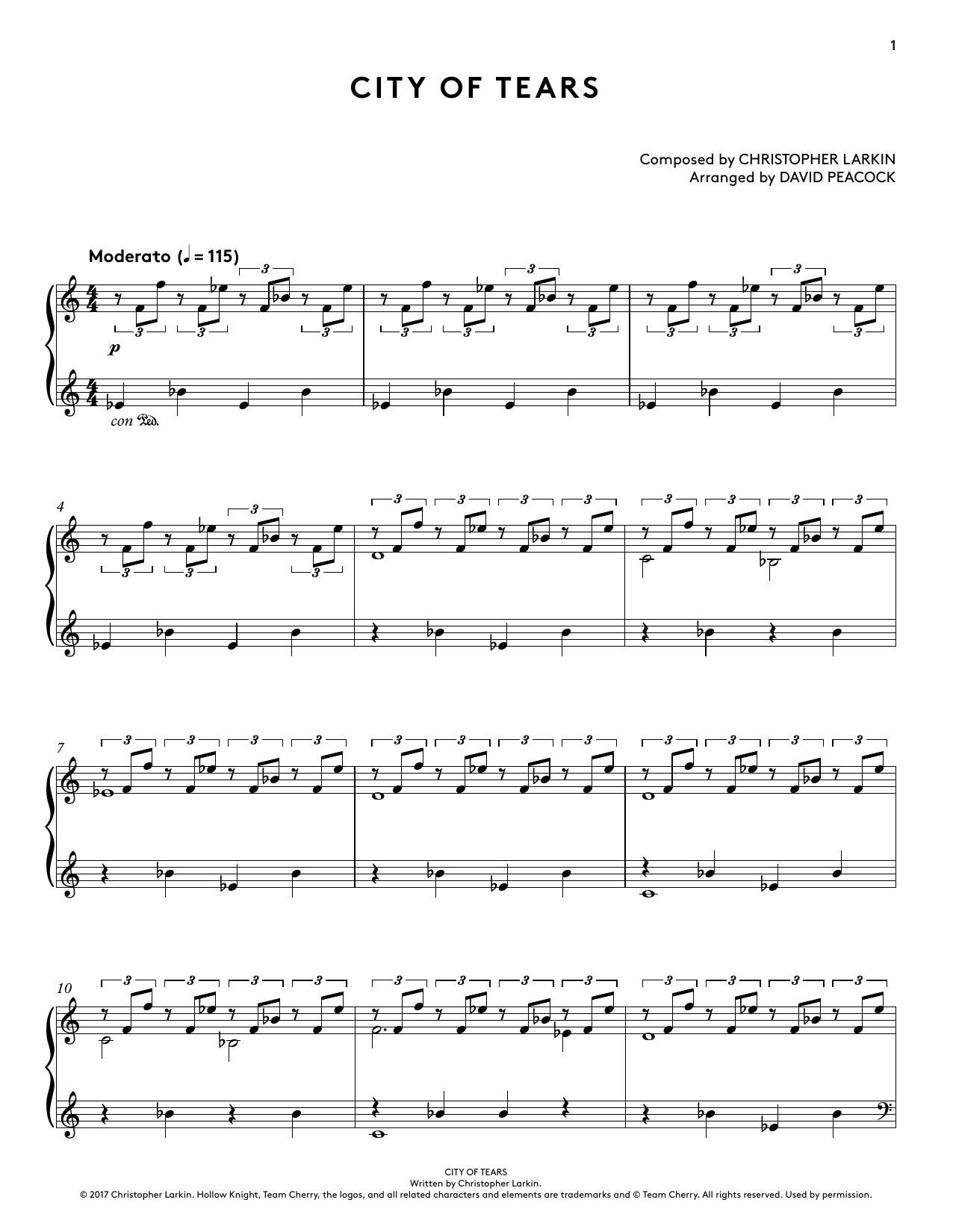 Christopher Larkin City of Tears (from Hollow Knight Piano Collections) (arr. David Peacock) sheet music notes and chords. Download Printable PDF.