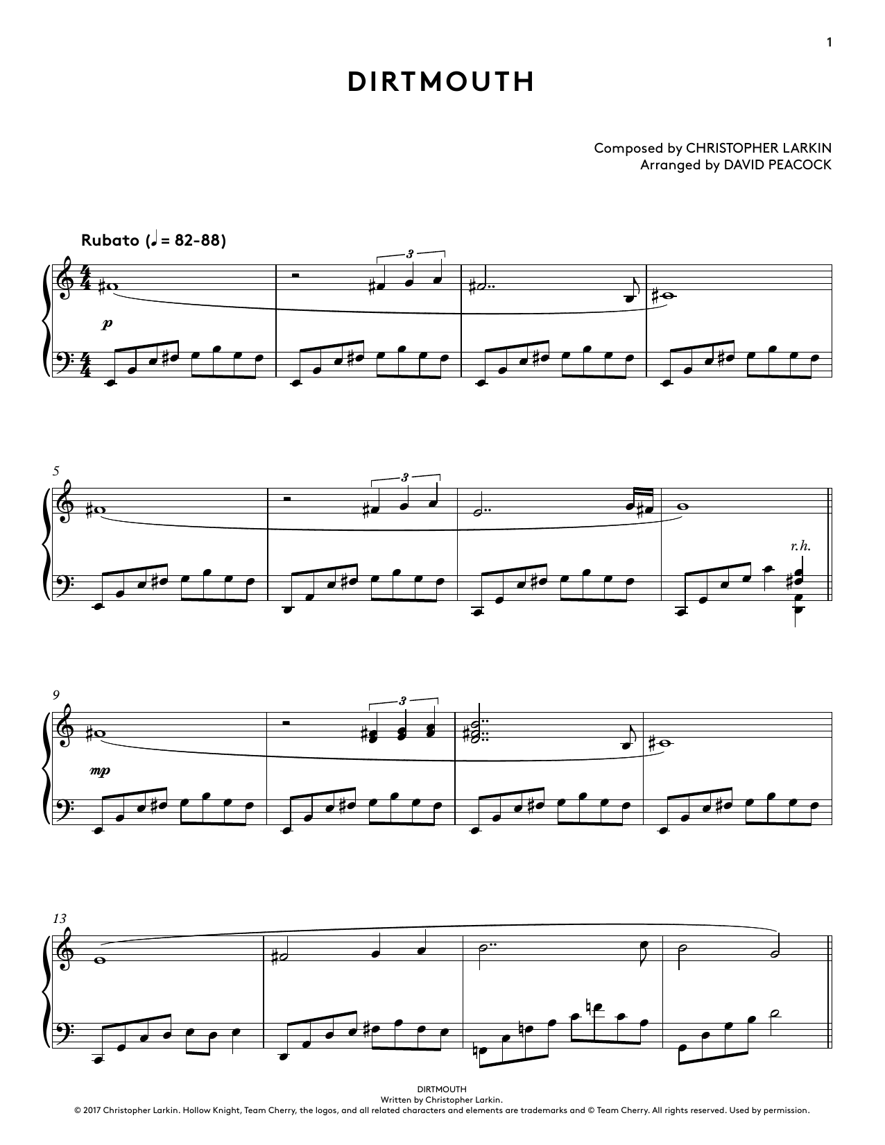 Christopher Larkin Dirtmouth (from Hollow Knight Piano Collections) (arr. David Peacock) sheet music notes and chords. Download Printable PDF.