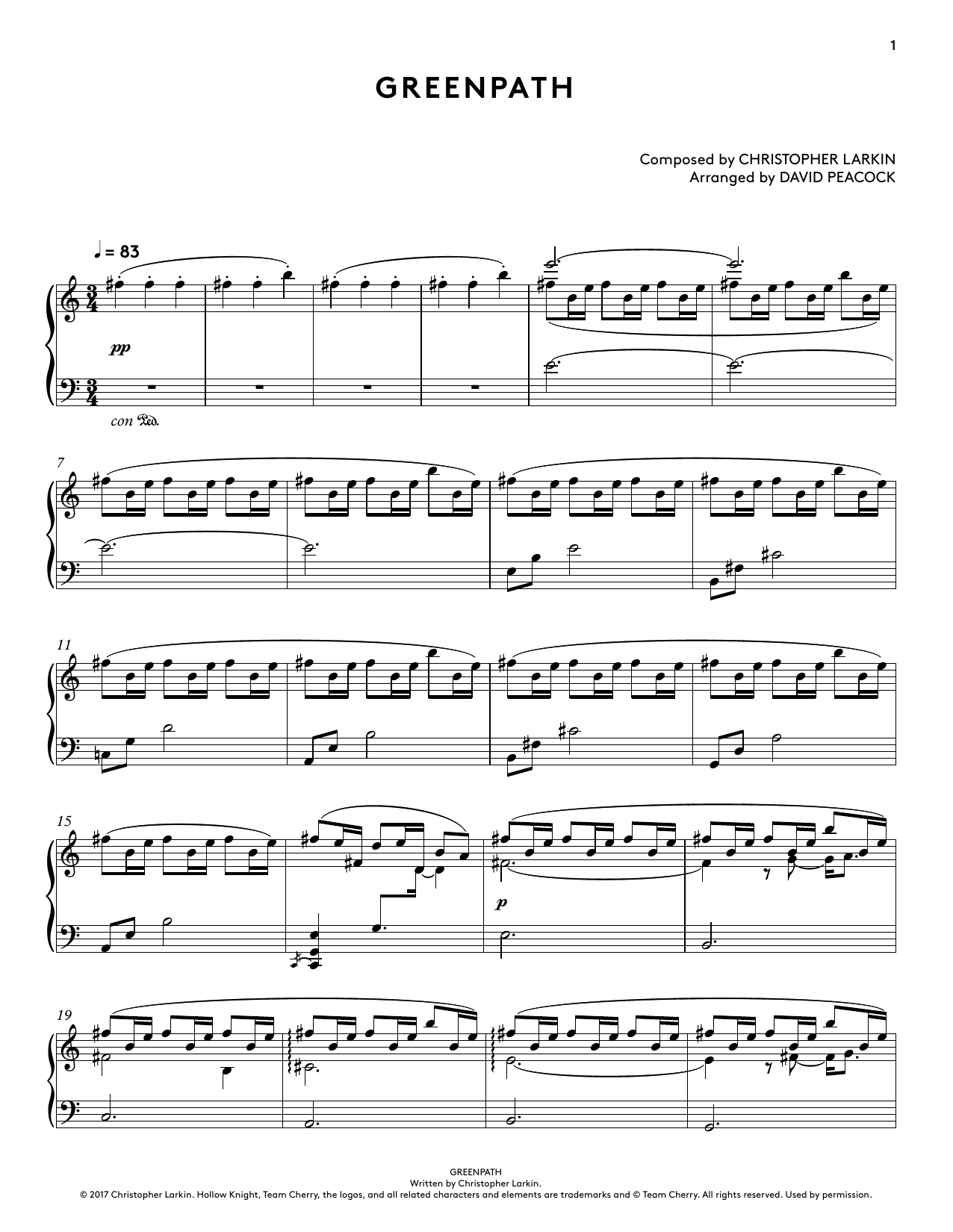 Christopher Larkin Greenpath (from Hollow Knight Piano Collections) (arr. David Peacock) sheet music notes and chords. Download Printable PDF.