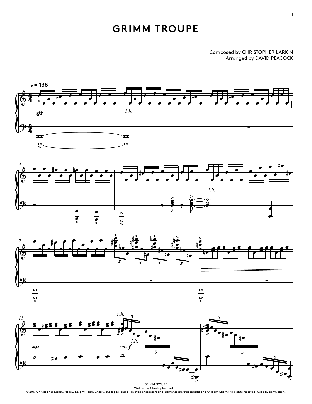 Christopher Larkin Grimm Troupe (from Hollow Knight Piano Collections) (arr. David Peacock) sheet music notes and chords. Download Printable PDF.