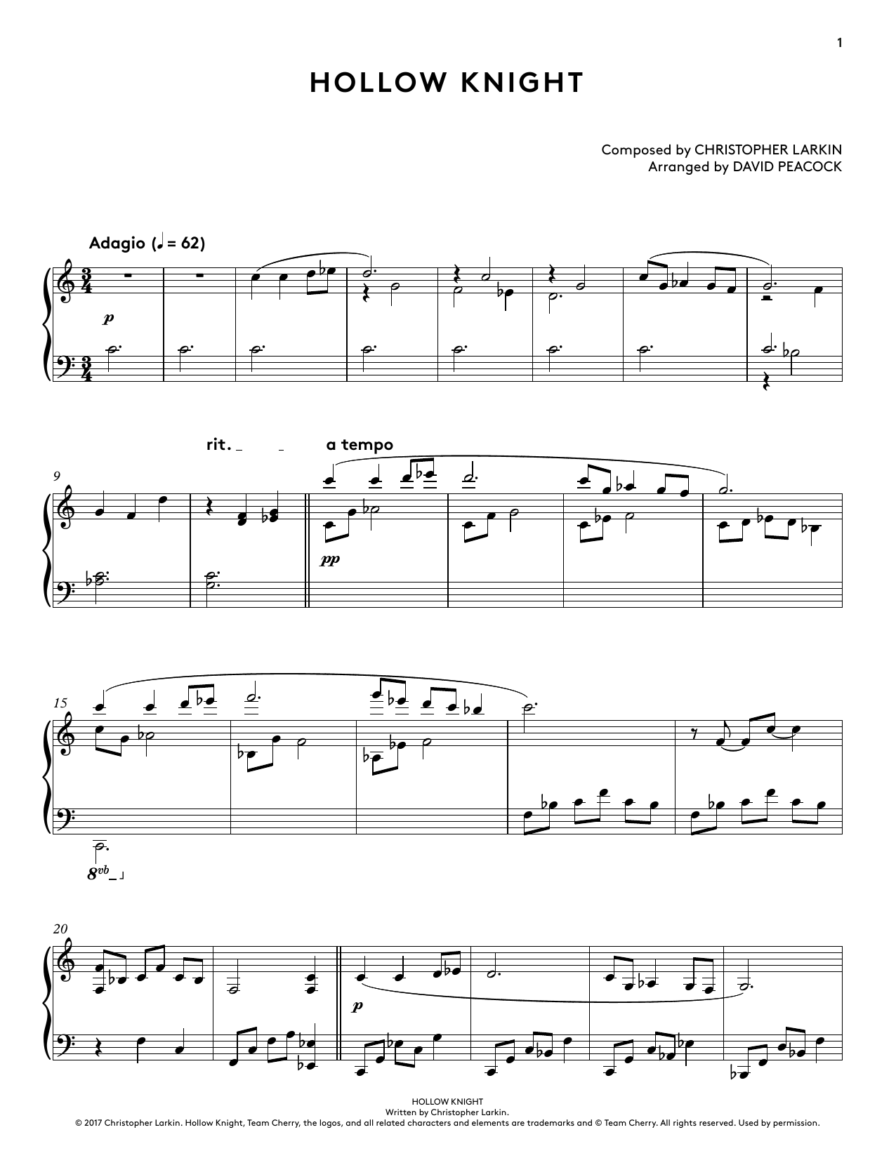 Christopher Larkin Hollow Knight (from Hollow Knight Piano Collections) (arr. David Peacock) sheet music notes and chords. Download Printable PDF.