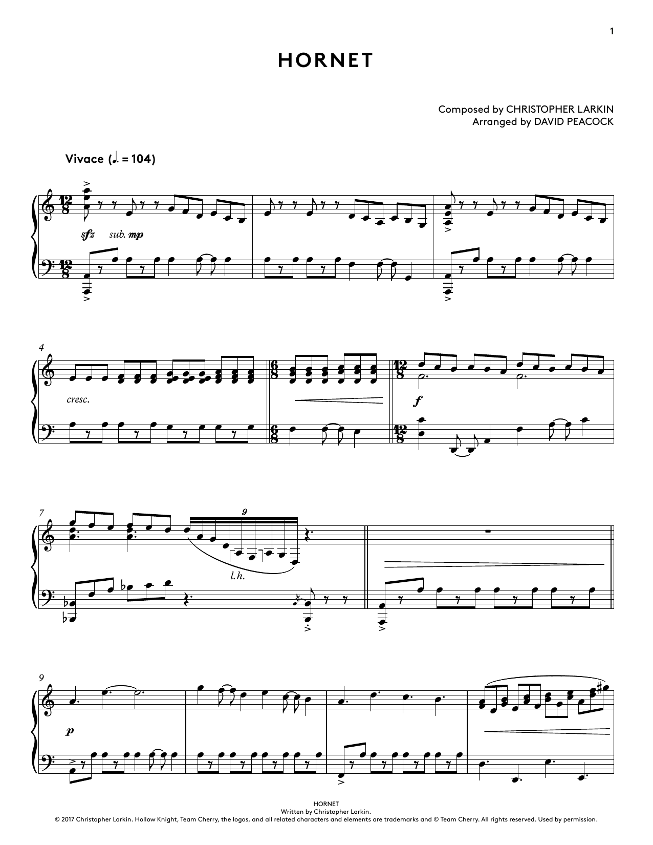 Christopher Larkin Hornet (from Hollow Knight Piano Collections) (arr. David Peacock) sheet music notes and chords. Download Printable PDF.