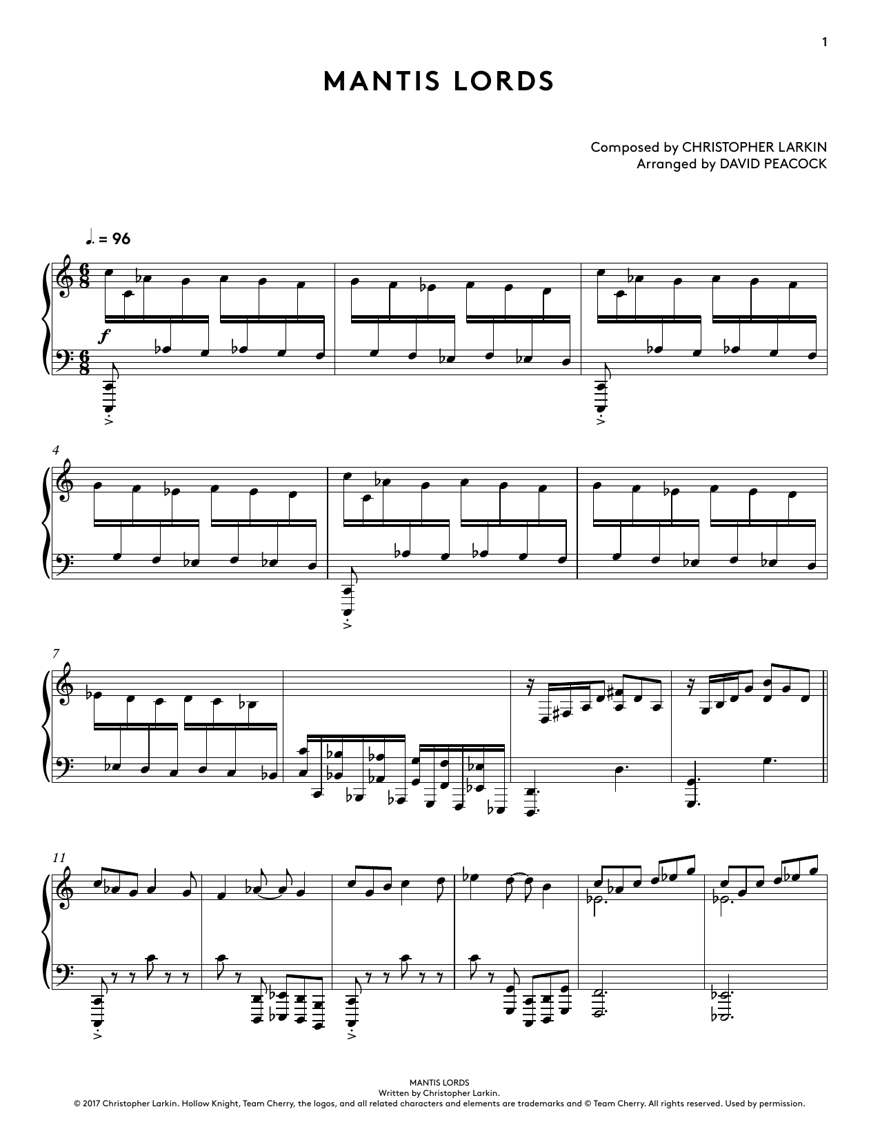 Christopher Larkin Mantis Lords (from Hollow Knight Piano Collections) (arr. David Peacock) sheet music notes and chords. Download Printable PDF.