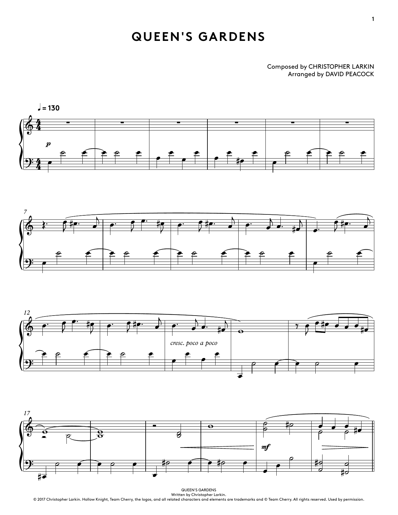 Christopher Larkin Queen's Gardens (from Hollow Knight Piano Collections) (arr. David Peacock) sheet music notes and chords. Download Printable PDF.