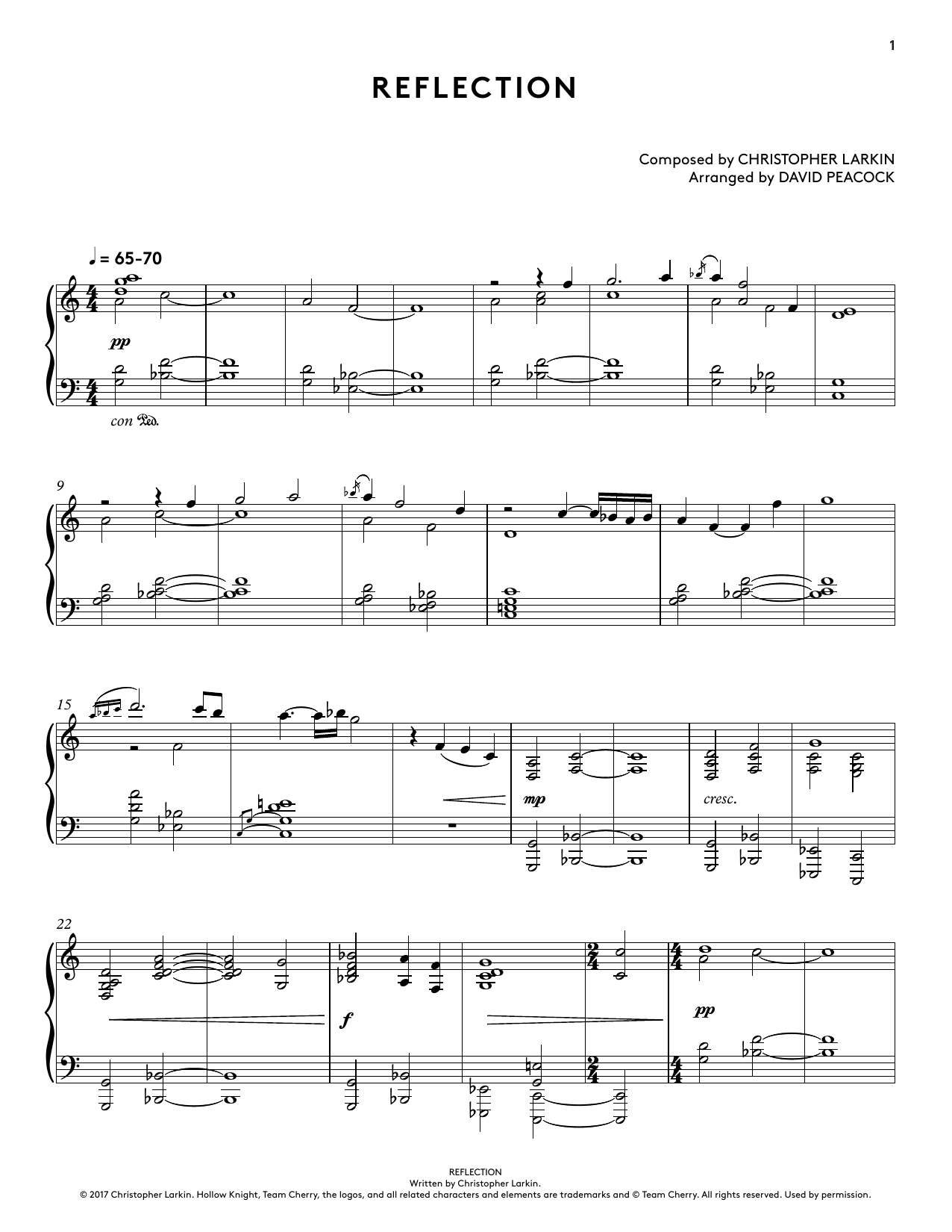 Christopher Larkin Reflection (from Hollow Knight Piano Collections) (arr. David Peacock) sheet music notes and chords. Download Printable PDF.