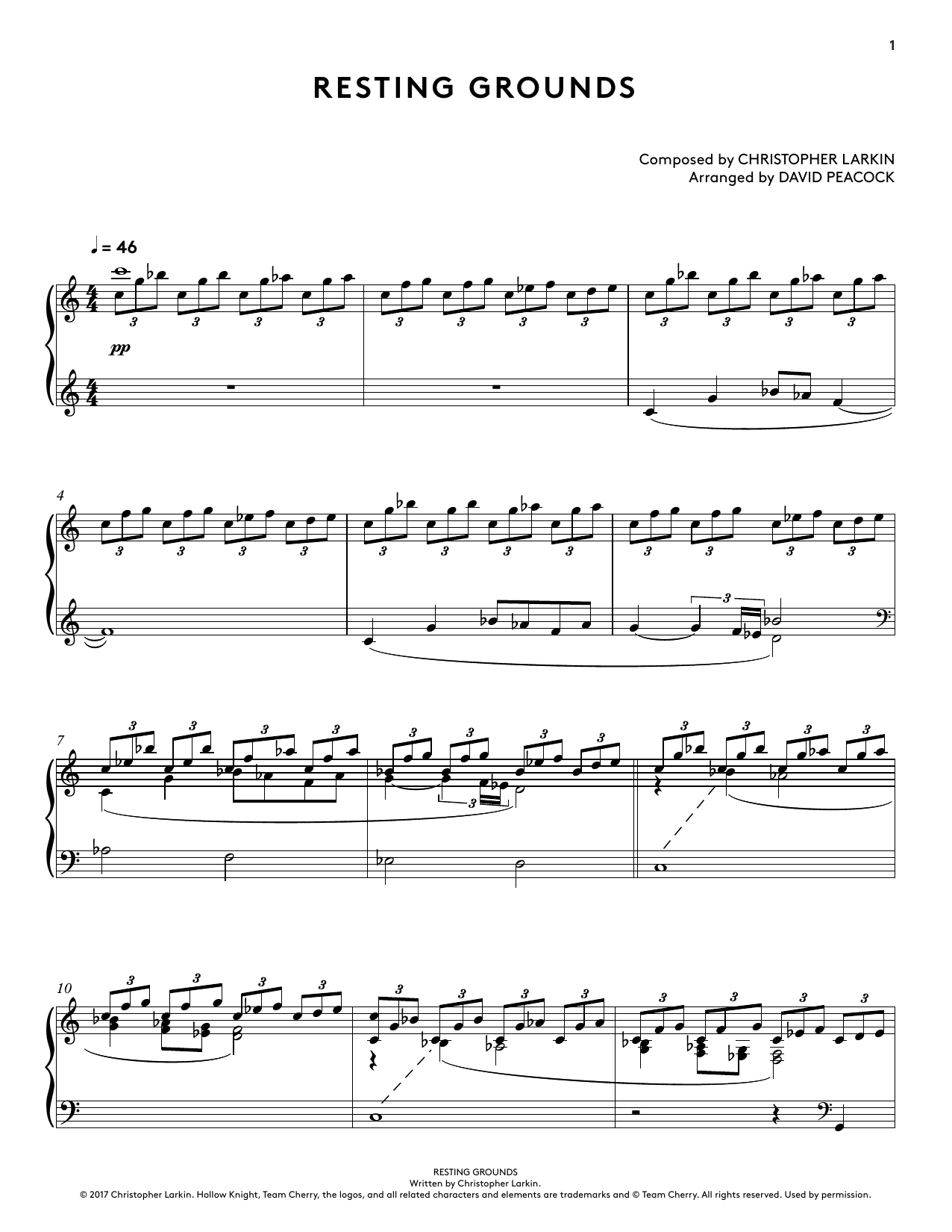 Christopher Larkin Resting Grounds (from Hollow Knight Piano Collections) (arr. David Peacock) sheet music notes and chords. Download Printable PDF.