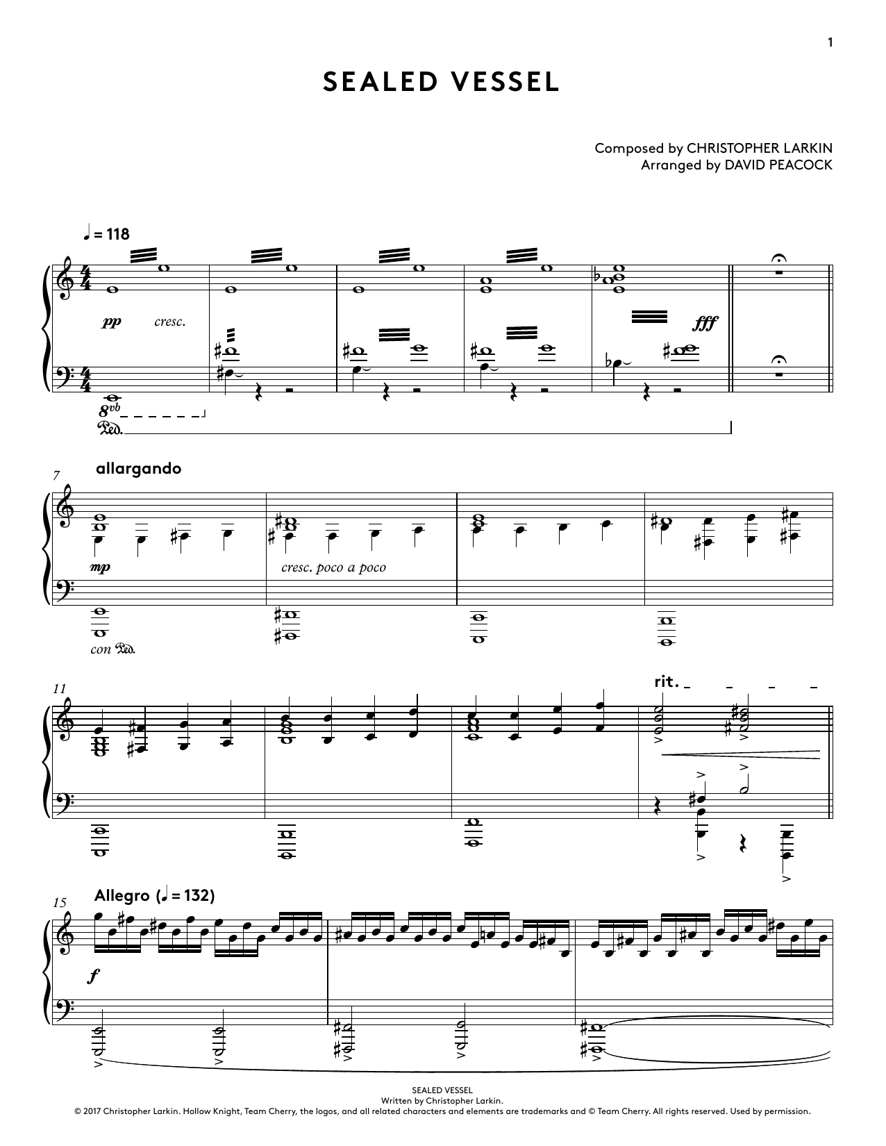 Christopher Larkin Sealed Vessel (from Hollow Knight Piano Collections) (arr. David Peacock) sheet music notes and chords. Download Printable PDF.