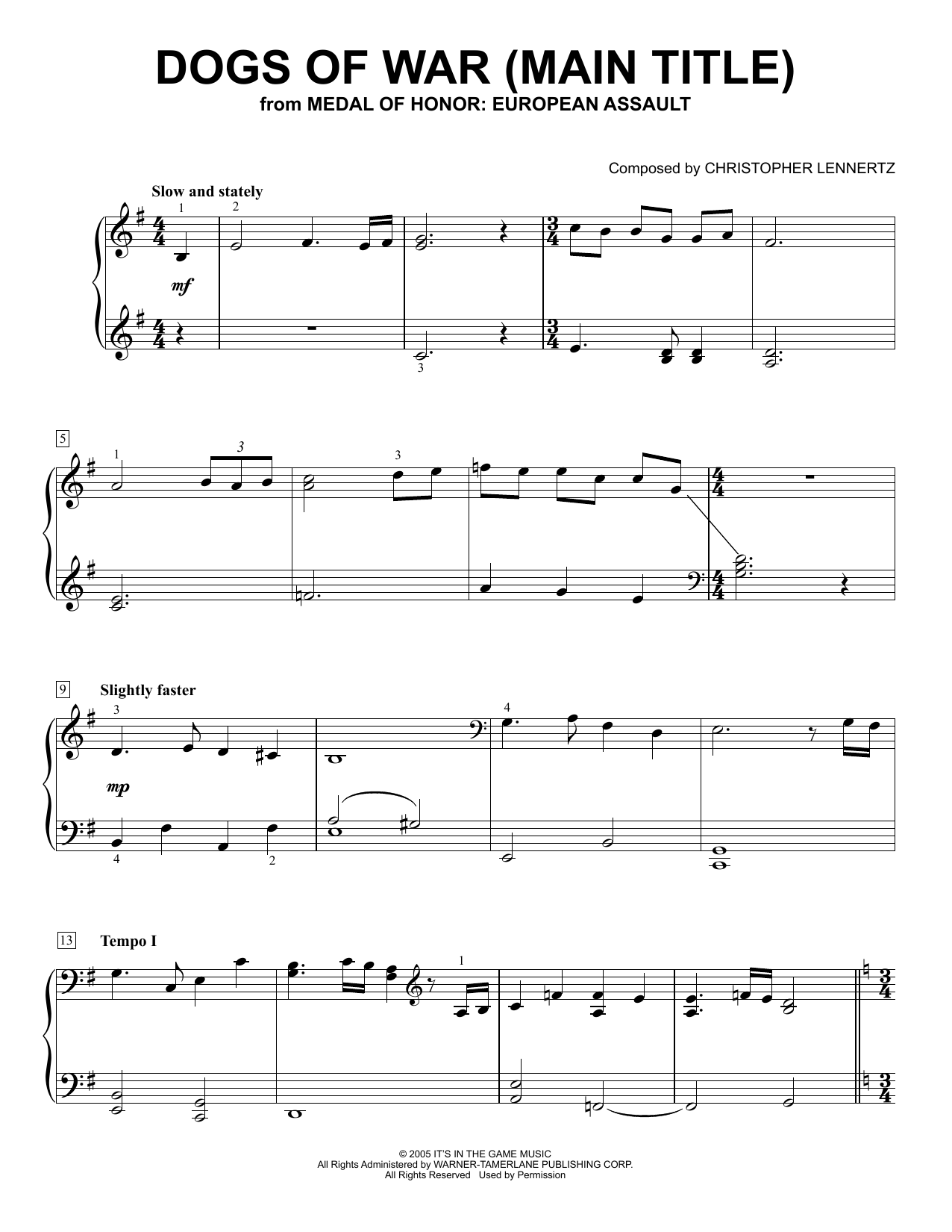 Learn to play Christopher Lennertz Dogs Of War (Main Title) (from Medal of Honor: European Assault) sheet music for Easy Piano Solo in minutes. Price: 6.9900$ Christopher Lennertz Dogs Of War (Main Title) (from Medal of Honor: European Assault) sheet music notes and chords arranged for Easy Piano Solo