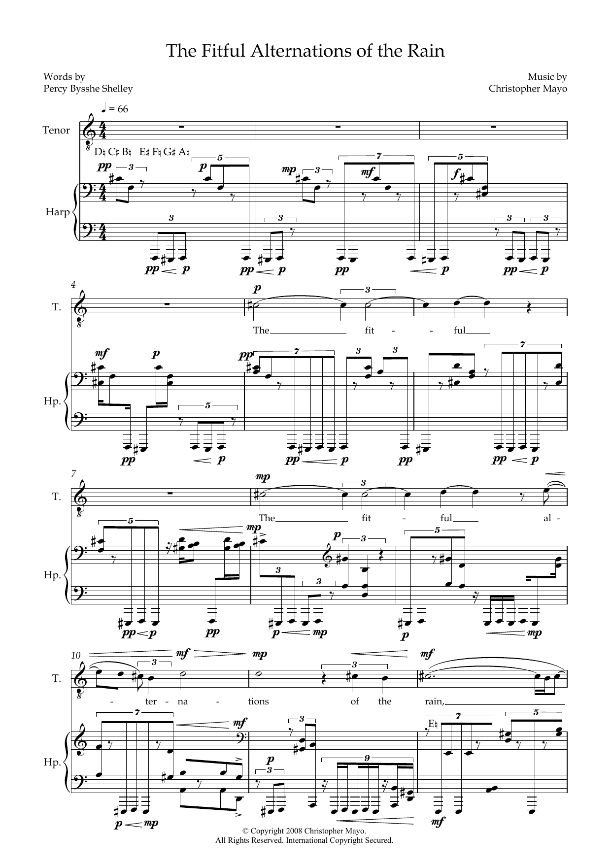 Christopher Mayo The Fitful Alternations of the Rain (for tenor & harp) sheet music notes and chords arranged for Harp Duet