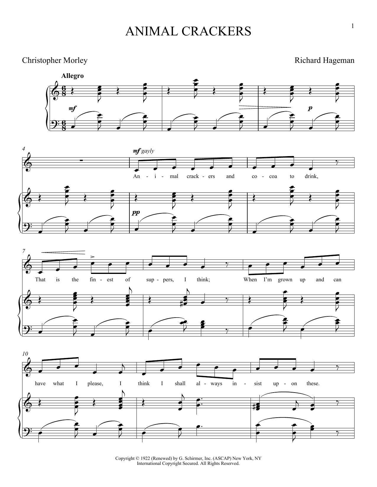 Learn to play Christopher Morley Animal Crackers sheet music for Piano & Vocal in minutes. Price: 7.8900$ Christopher Morley Animal Crackers sheet music notes and chords arranged for Piano & Vocal