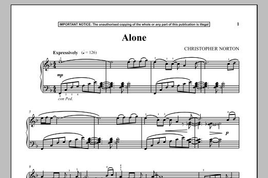 Learn to play Christopher Norton Alone sheet music for Piano Solo in minutes. Price: 7.8900$ Christopher Norton Alone sheet music notes and chords arranged for Piano Solo