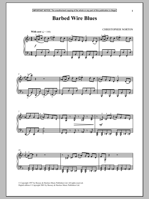 Learn to play Christopher Norton Barbed Wire Blues sheet music for Piano Solo in minutes. Price: 7.8900$ Christopher Norton Barbed Wire Blues sheet music notes and chords arranged for Piano Solo