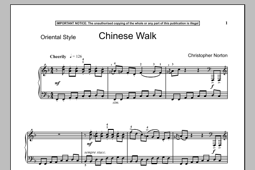Learn to play Christopher Norton Chinese Walk sheet music for Piano Solo in minutes. Price: 7.8900$ Christopher Norton Chinese Walk sheet music notes and chords arranged for Piano Solo