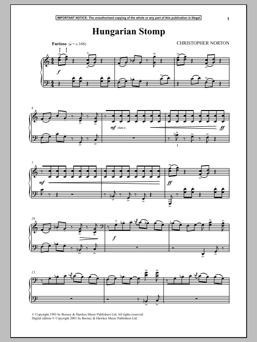 Learn to play Christopher Norton Hungarian Stomp sheet music for Piano Solo in minutes. Price: 7.8900$ Christopher Norton Hungarian Stomp sheet music notes and chords arranged for Piano Solo