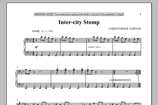 Learn to play Christopher Norton Inter-City Stomp sheet music for Piano Solo in minutes. Price: 7.8900$ Christopher Norton Inter-City Stomp sheet music notes and chords arranged for Piano Solo