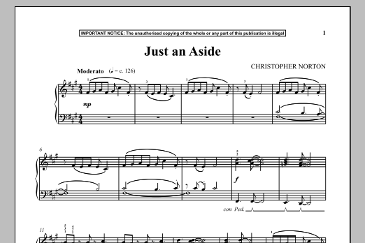 Learn to play Christopher Norton Just An Aside sheet music for Piano Solo in minutes. Price: 7.8900$ Christopher Norton Just An Aside sheet music notes and chords arranged for Piano Solo