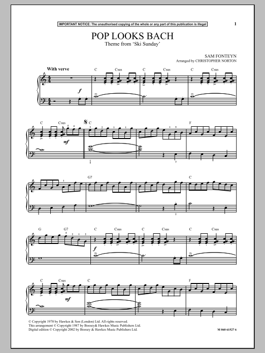 Learn to play Christopher Norton Pop Looks Bach (Theme from Ski Sunday) sheet music for Piano Solo in minutes. Price: 7.8900$ Christopher Norton Pop Looks Bach (Theme from Ski Sunday) sheet music notes and chords arranged for Piano Solo