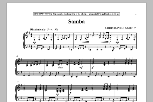 Learn to play Christopher Norton Samba sheet music for Piano Solo in minutes. Price: 7.8900$ Christopher Norton Samba sheet music notes and chords arranged for Piano Solo