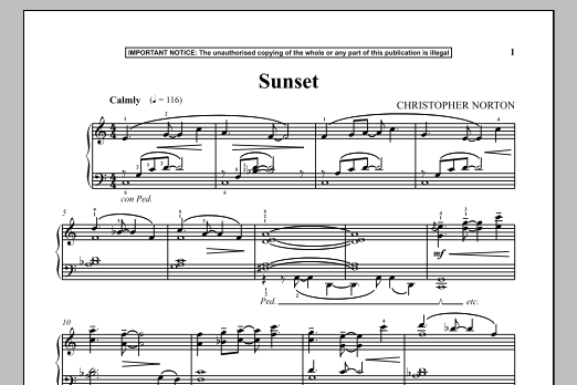 Learn to play Christopher Norton Sunset sheet music for Piano Solo in minutes. Price: 7.8900$ Christopher Norton Sunset sheet music notes and chords arranged for Piano Solo