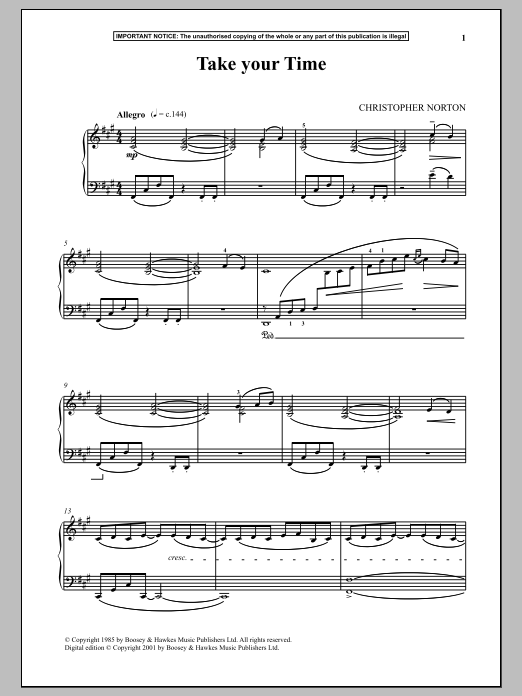 Learn to play Christopher Norton Take Your Time sheet music for Piano Solo in minutes. Price: 7.8900$ Christopher Norton Take Your Time sheet music notes and chords arranged for Piano Solo