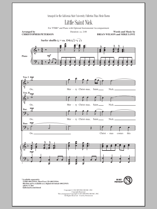 Learn to play The Beach Boys Little Saint Nick (arr. Christopher Peterson) sheet music for TTBB Choir in minutes. Price: 3.9900$ The Beach Boys Little Saint Nick (arr. Christopher Peterson) sheet music notes and chords arranged for TTBB Choir