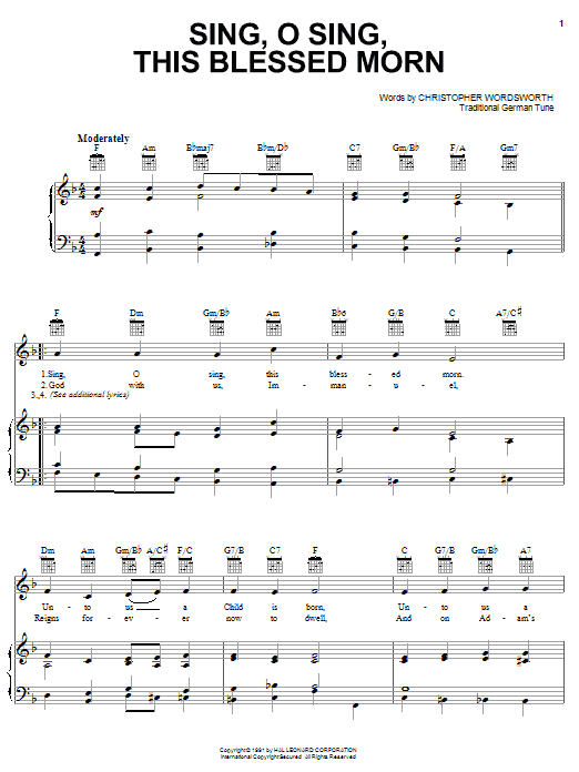 Christopher Wordsworth Sing, O Sing, This Blessed Morn sheet music notes and chords arranged for Piano, Vocal & Guitar Chords (Right-Hand Melody)