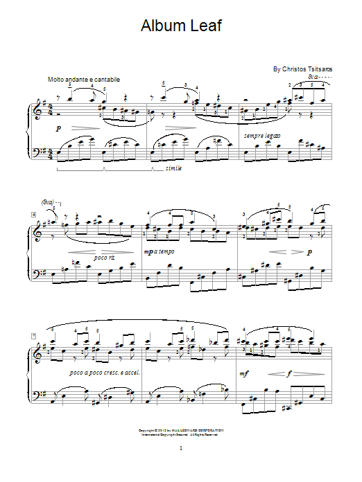 Learn to play Christos Tsitsaros Album Leaf sheet music for Educational Piano in minutes. Price: 6.9900$ Christos Tsitsaros Album Leaf sheet music notes and chords arranged for Educational Piano