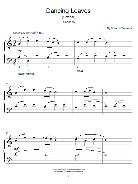 Learn to play Christos Tsitsaros Dancing Leaves (October) sheet music for Piano Duet in minutes. Price: 7.8900$ Christos Tsitsaros Dancing Leaves (October) sheet music notes and chords arranged for Piano Duet