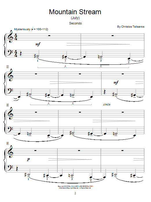 Learn to play Christos Tsitsaros Mountain Stream (July) sheet music for Piano Duet in minutes. Price: 7.8900$ Christos Tsitsaros Mountain Stream (July) sheet music notes and chords arranged for Piano Duet
