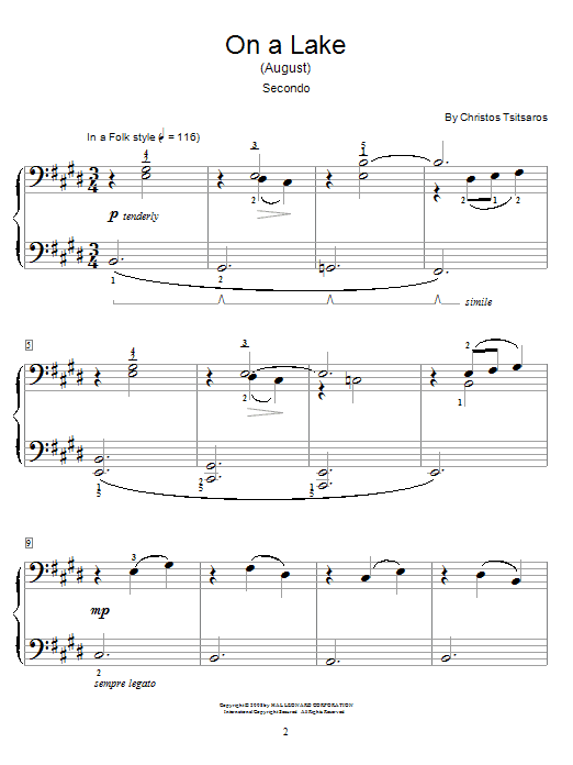 Learn to play Christos Tsitsaros On A Lake (August) sheet music for Piano Duet in minutes. Price: 7.8900$ Christos Tsitsaros On A Lake (August) sheet music notes and chords arranged for Piano Duet