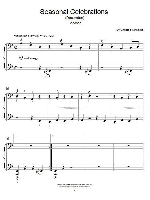 Learn to play Christos Tsitsaros Seasonal Celebrations (December) sheet music for Piano Duet in minutes. Price: 7.8900$ Christos Tsitsaros Seasonal Celebrations (December) sheet music notes and chords arranged for Piano Duet