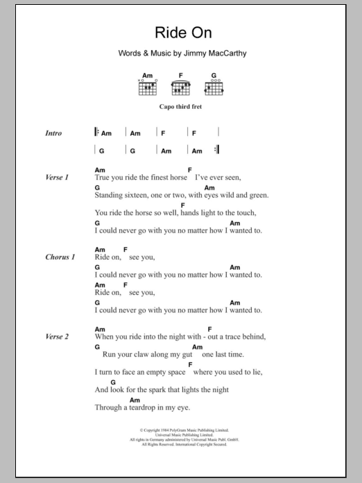 Christy Moore Ride On sheet music notes and chords. Download Printable PDF.