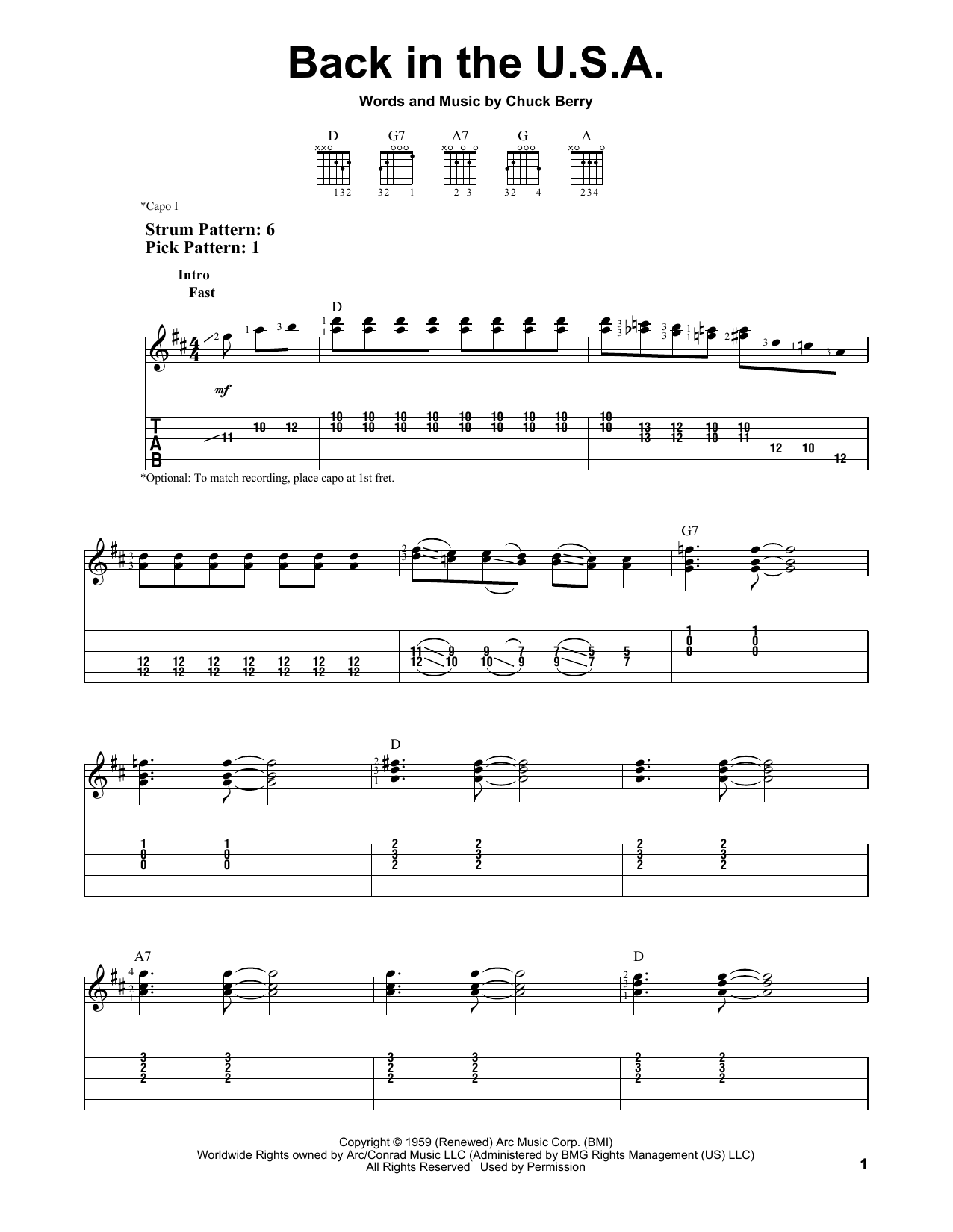 Chuck Berry Back In The U.S.A. sheet music notes and chords. Download Printable PDF.