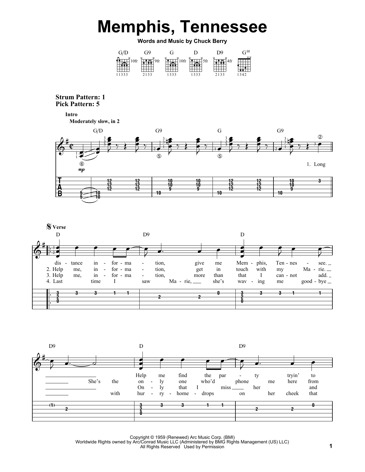 Chuck Berry Memphis, Tennessee sheet music notes and chords. Download Printable PDF.