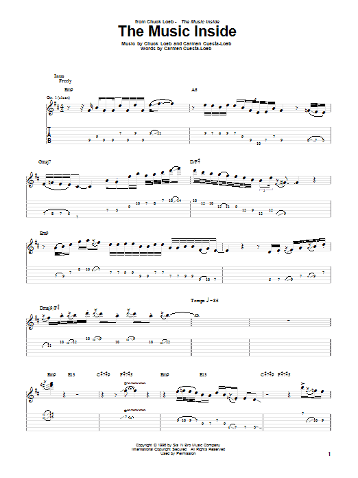 Learn to play Chuck Loeb The Music Inside sheet music for Guitar Tab in minutes. Price: 7.8900$ Chuck Loeb The Music Inside sheet music notes and chords arranged for Guitar Tab