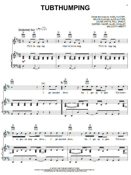 Chumbawamba Tubthumping sheet music notes and chords. Download Printable PDF.