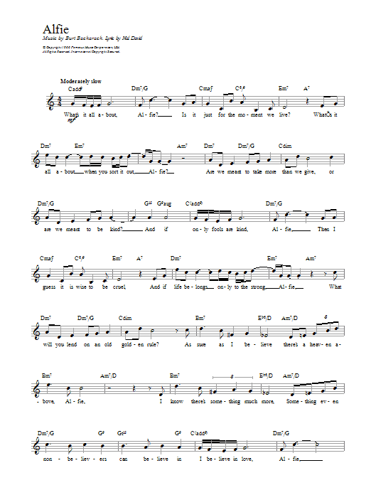 Learn to play Cilla Black Alfie sheet music for Lead Sheet / Fake Book in minutes. Price: 5.9900$ Cilla Black Alfie sheet music notes and chords arranged for Lead Sheet / Fake Book