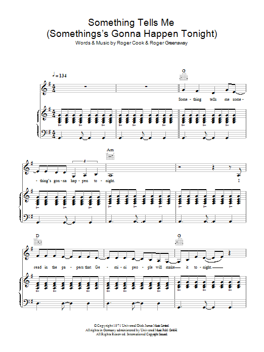 Learn to play Cilla Black Something Tells Me (Something's Gonna Happen Tonight) sheet music for Piano, Vocal & Guitar Chords in minutes. Price: 7.8900$ Cilla Black Something Tells Me (Something's Gonna Happen Tonight) sheet music notes and chords arranged for Piano, Vocal & Guitar Chords