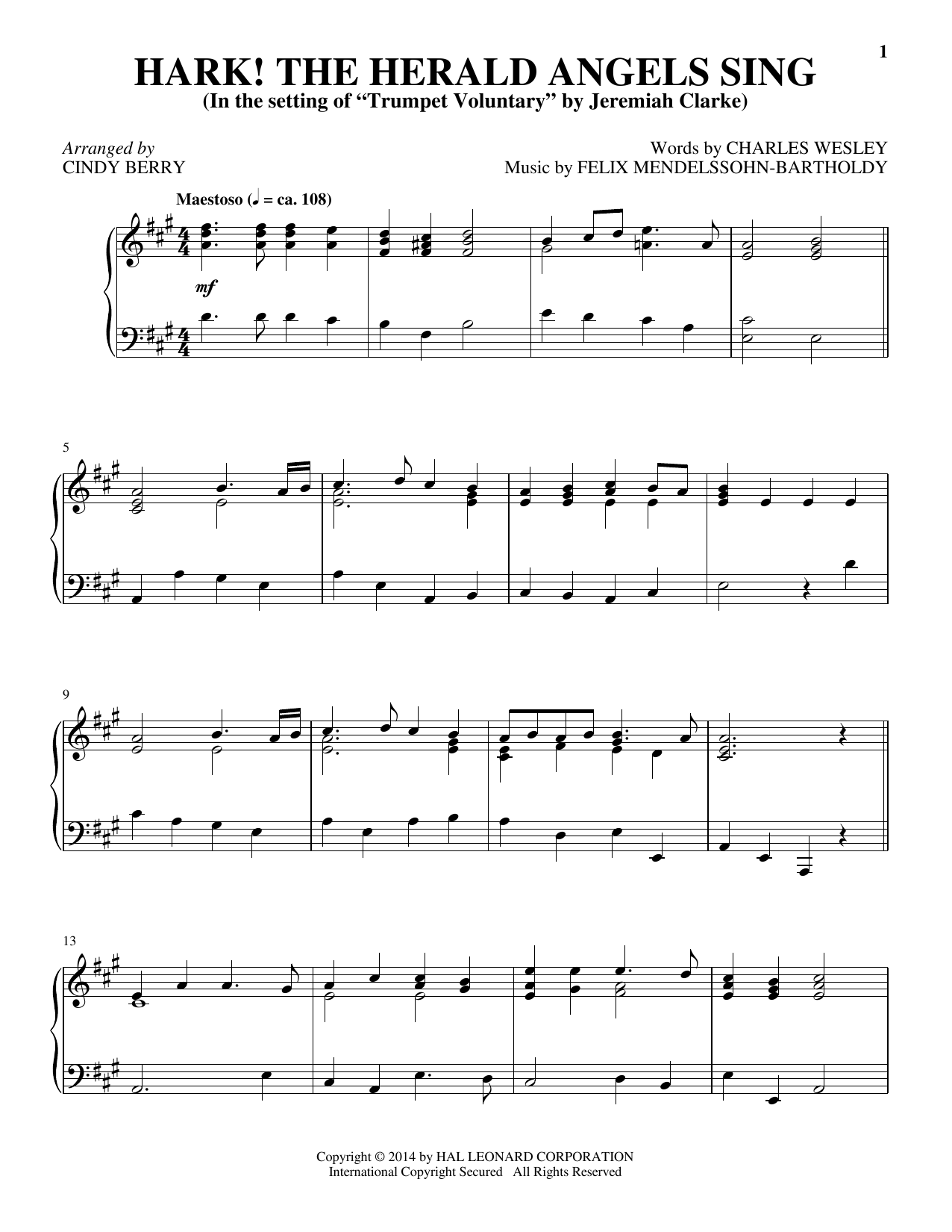 Learn to play Cindy Berry Hark! The Herald Angels Sing sheet music for Piano Solo in minutes. Price: 7.8900$ Cindy Berry Hark! The Herald Angels Sing sheet music notes and chords arranged for Piano Solo