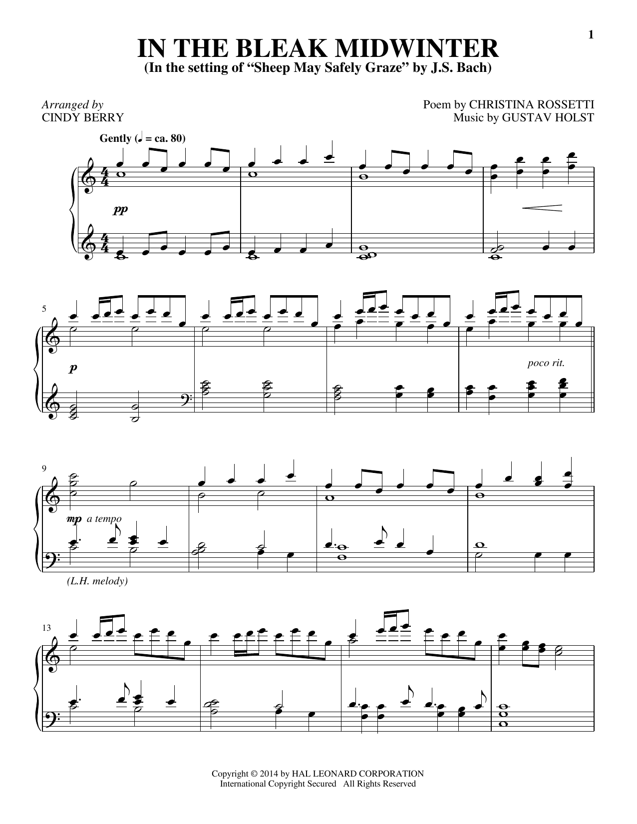 Cindy Berry In The Bleak Midwinter sheet music notes and chords. Download Printable PDF.