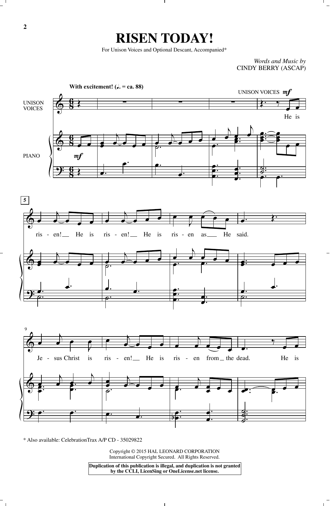 Learn to play Cindy Berry Risen Today! sheet music for Unison Choir in minutes. Price: 3.9900$ Cindy Berry Risen Today! sheet music notes and chords arranged for Unison Choir