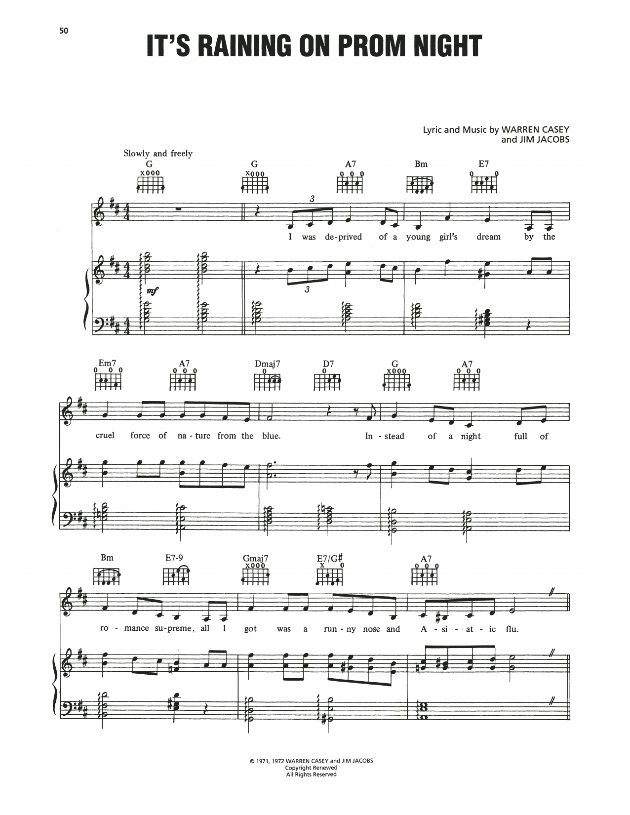 Learn to play Cindy Bullens It's Raining On Prom Night (from Grease) sheet music for Piano, Vocal & Guitar Chords (Right-Hand Melody) in minutes. Price: 6.9900$ Cindy Bullens It's Raining On Prom Night (from Grease) sheet music notes and chords arranged for Piano, Vocal & Guitar Chords (Right-Hand Melody)